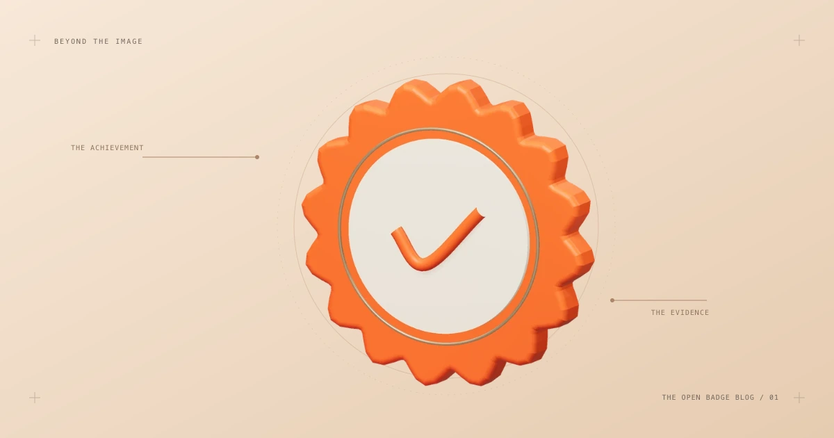 Abstract illustration of a badge seal connected to its achievement and its evidence.