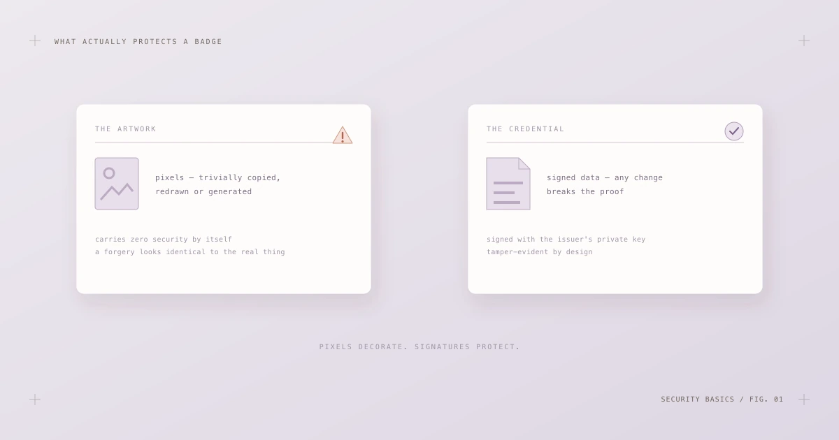 Comparison of badge artwork, which carries no security, with the signed credential data, which is tamper-evident by design.