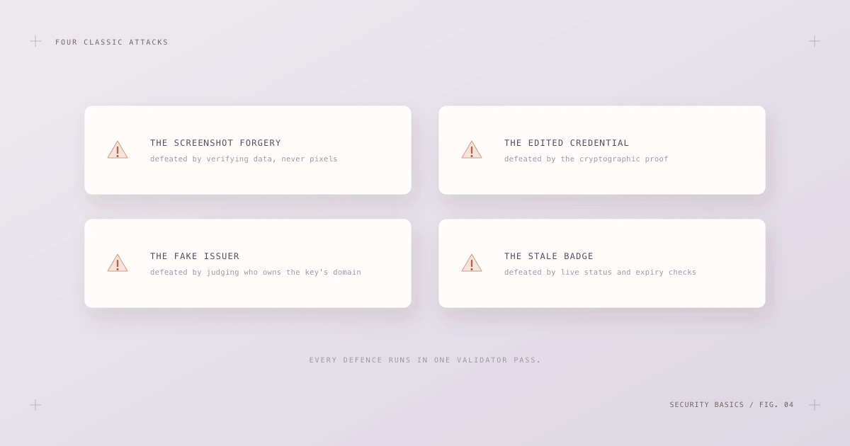 Four attack cards: screenshot forgery, edited credential, fake issuer and stale badge, each with its built-in defence.