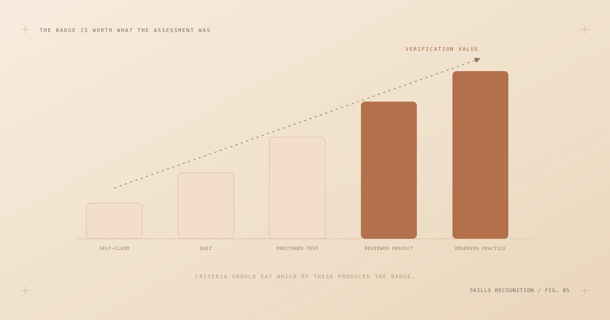 Ascending bars from self-claim through quiz, proctored test, reviewed project and observed practice, with verification value rising along the scale.