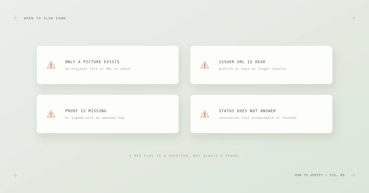 Four warning cards: only a picture exists, the issuer URL is dead, the proof is missing or signed with an unknown key, and the status list does not answer.