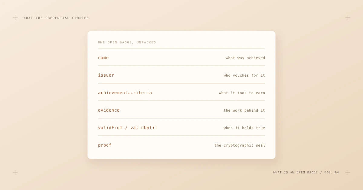 Card listing the core fields of an Open Badge credential: name, issuer, criteria, evidence, validity window and proof.